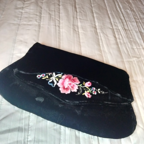 Evening Bag BLACK Velvet Clutch Pink Rose with Floral Embroidery Evening Bag - Picture 1 of 12